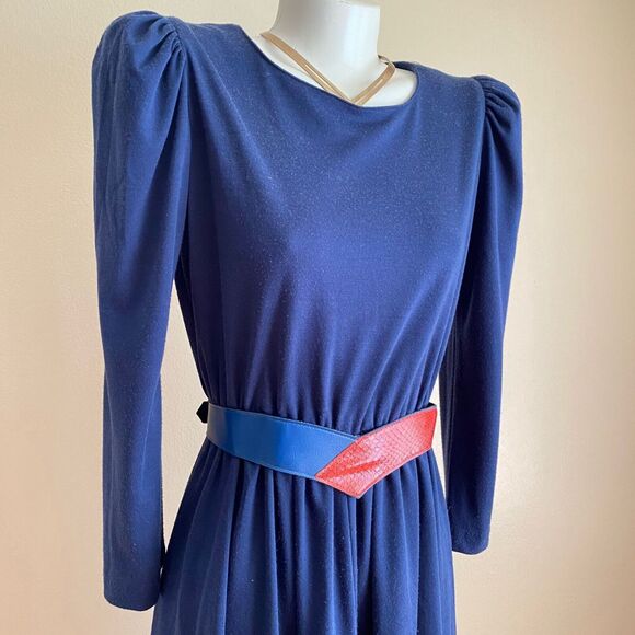Vintage Medium Navy Blue 80s Long Sleeve Dress with Rad Belt Faux Red Snakeskin - Picture 3 of 8
